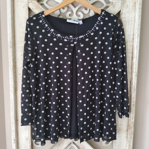 Notations Women's 3/4 Sheer Sleeve Open Drape Embellished Top in Black Polka Dot - Picture 6 of 9